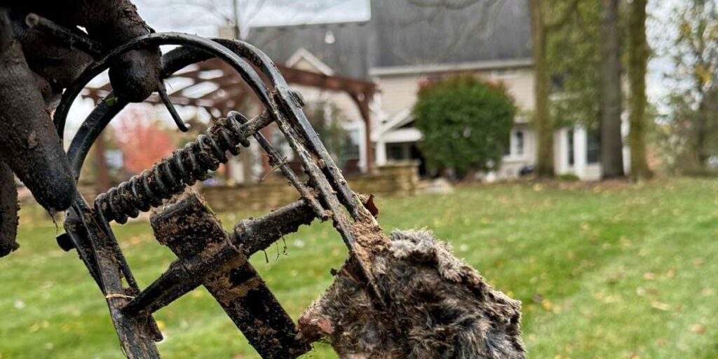 A muddy spring trap with a caught mole still attached, held up in front of an open backyard with a house and a wooden pergola behind it.