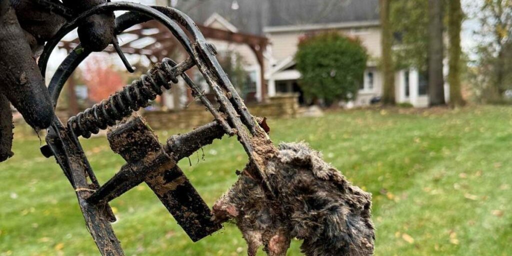 A gloved hand holds a metal mole trap containing a captured mole in a residential backyard.